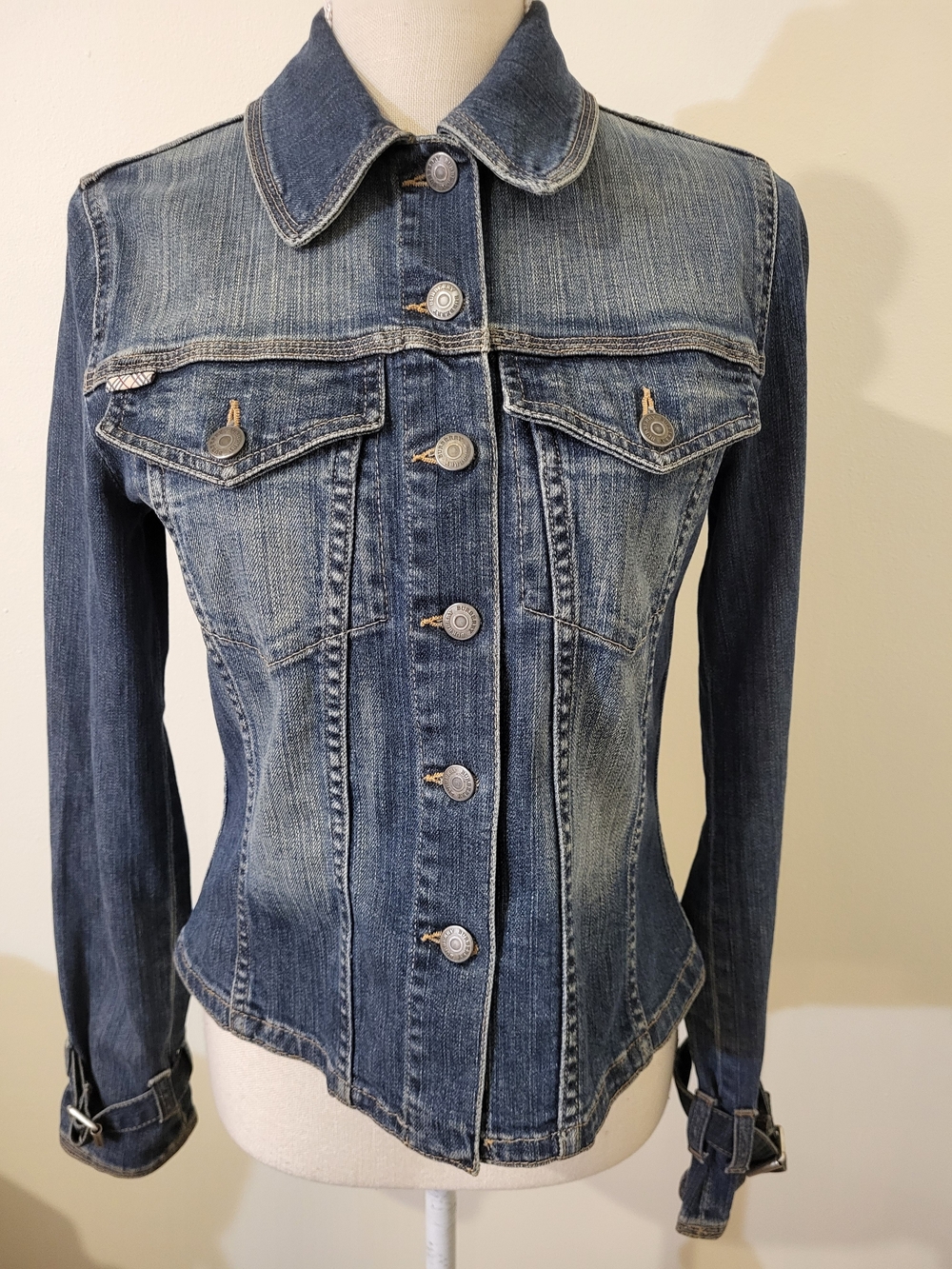 Burberry Faded Blue Slim Denim Jacket Buckled Strap Detail On Cuffs Western Bike